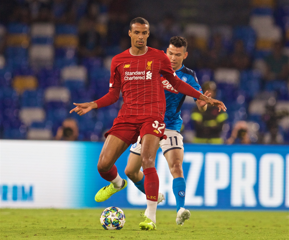 NAPLES, ITALY - Tuesday, September 17, 2019: Liverpool's Joel Matip (L) and SSC Napoli's Hirving Lozano during the UEFA Champions League Group E match between SSC Napoli and Liverpool FC at the Studio San Paolo. (Pic by David Rawcliffe/Propaganda)