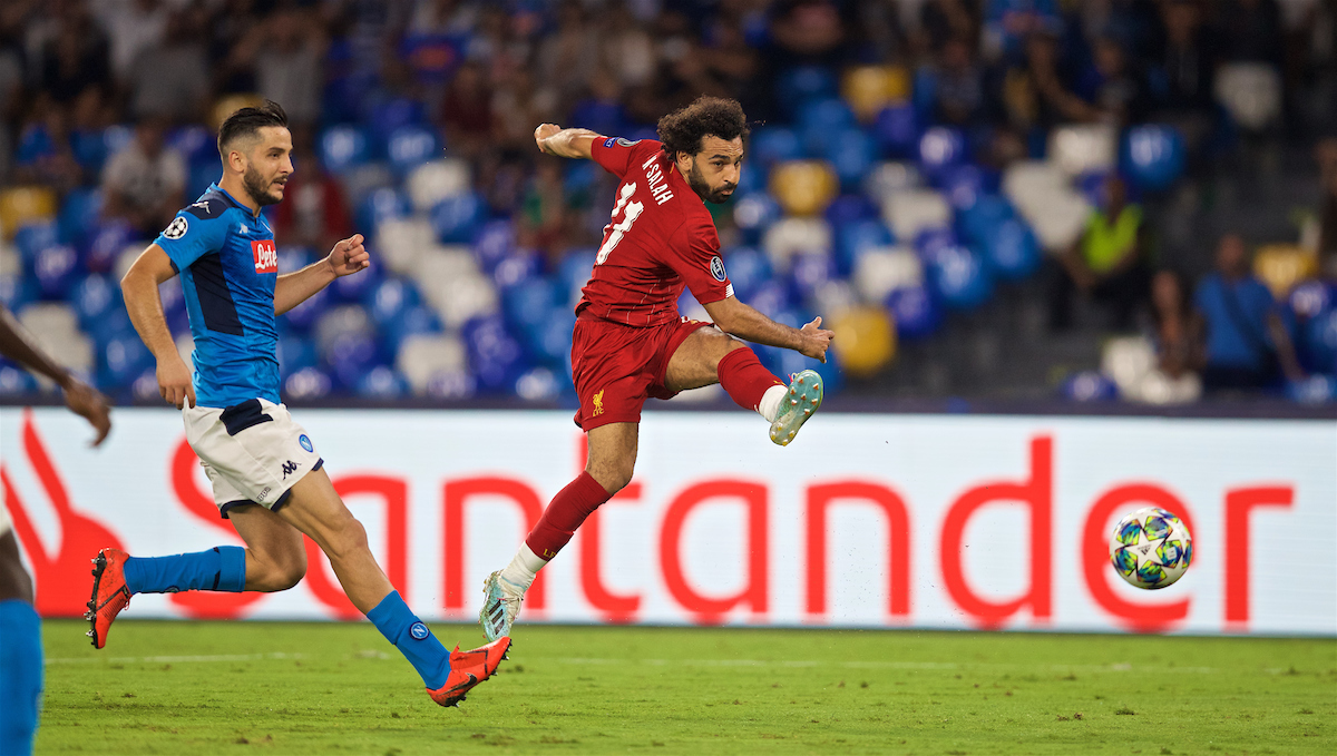 NAPLES, ITALY - Tuesday, September 17, 2019: Liverpool's Mohamed Salah shoots during the UEFA Champions League Group E match between SSC Napoli and Liverpool FC at the Studio San Paolo. (Pic by David Rawcliffe/Propaganda)