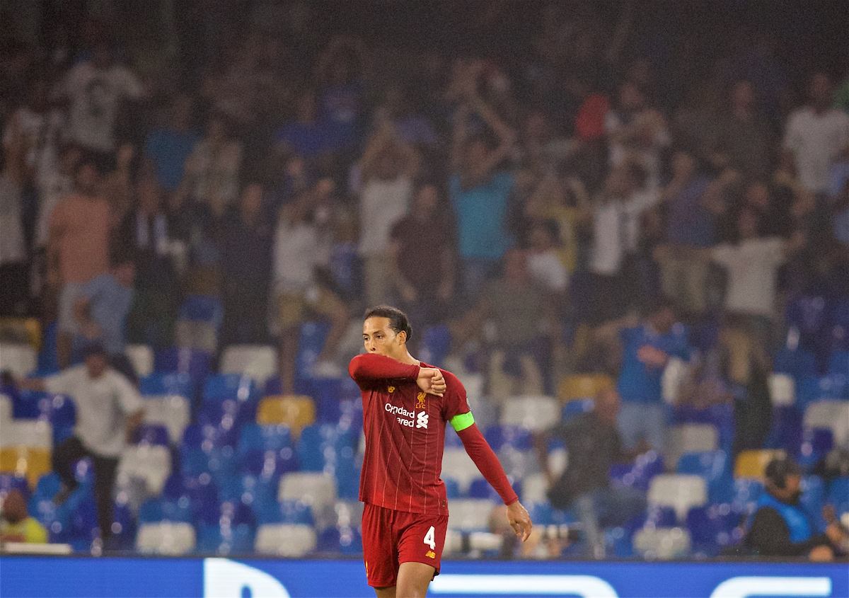 NAPLES, ITALY - Tuesday, September 17, 2019: Liverpool's Virgil van Dijk looks dejected after his mistake led to SSC Napoli's second goal during the UEFA Champions League Group E match between SSC Napoli and Liverpool FC at the Studio San Paolo. Napoli won 2-0. (Pic by David Rawcliffe/Propaganda)