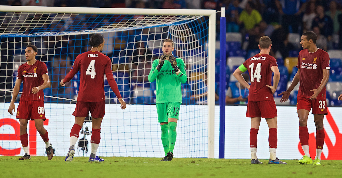 NAPLES, ITALY - Tuesday, September 17, 2019: Liverpool's goalkeeper Adrián San Miguel del Castillo looks dejected as a penalty is awarded to SSC Napoli during the UEFA Champions League Group E match between SSC Napoli and Liverpool FC at the Studio San Paolo. (Pic by David Rawcliffe/Propaganda)