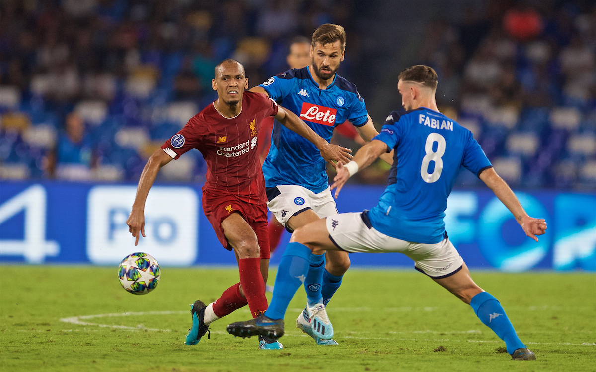 NAPLES, ITALY - Tuesday, September 17, 2019: Liverpool's Fabio Henrique Tavares 'Fabinho' during the UEFA Champions League Group E match between SSC Napoli and Liverpool FC at the Studio San Paolo. (Pic by David Rawcliffe/Propaganda)