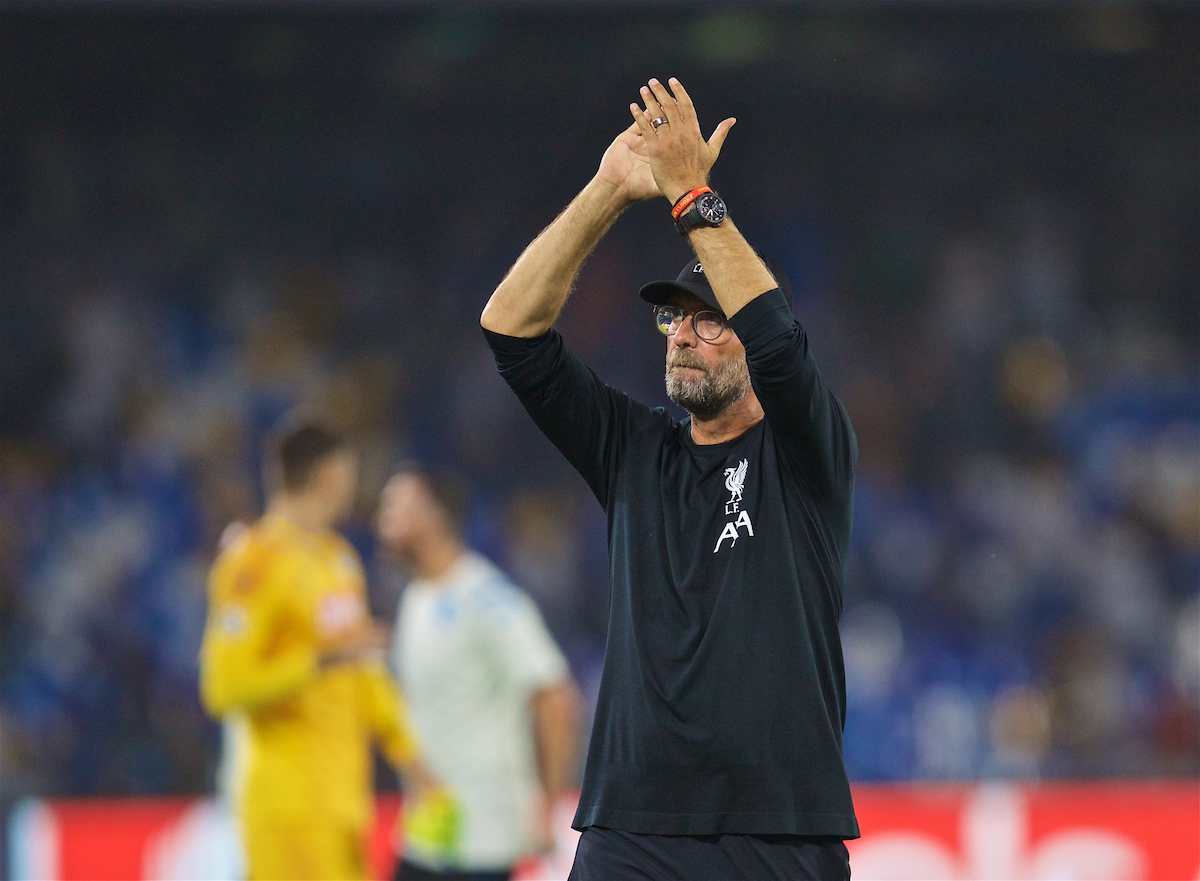 NAPLES, ITALY - Tuesday, September 17, 2019: Liverpool's manager Jürgen Klopp applauds the supporters after the UEFA Champions League Group E match between SSC Napoli and Liverpool FC at the Studio San Paolo. Napoli won 2-0. (Pic by David Rawcliffe/Propaganda)