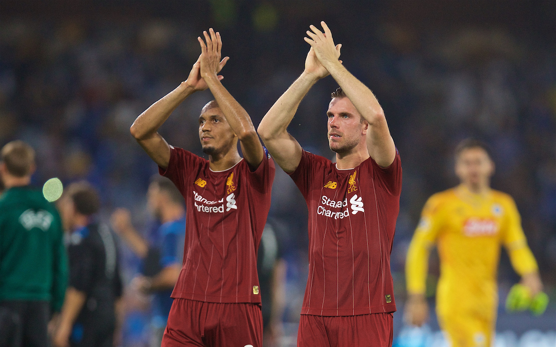Liverpool's Fabio Henrique Tavares 'Fabinho' (L) and captain Jordan Henderson applaud the supporters after the UEFA Champions League Group E match between SSC Napoli and Liverpool FC at the Studio San Paolo