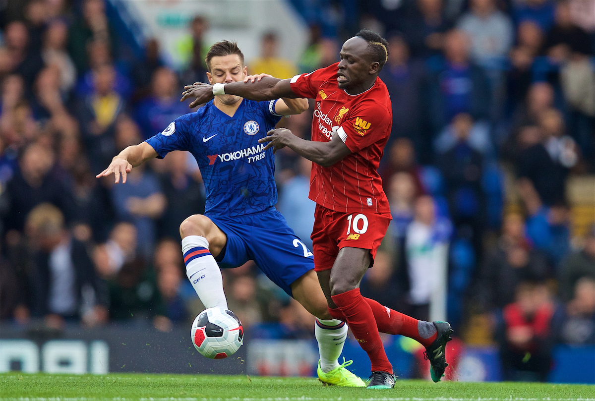 LONDON, ENGLAND - Sunday, September 22, 2019: Chelsea's 's Cesar Azpilicueta (L) tackles Liverpool's Sadio Mane during the FA Premier League match between Chelsea's  FC and Liverpool FC at Stamford Bridge. (Pic by David Rawcliffe/Propaganda)
