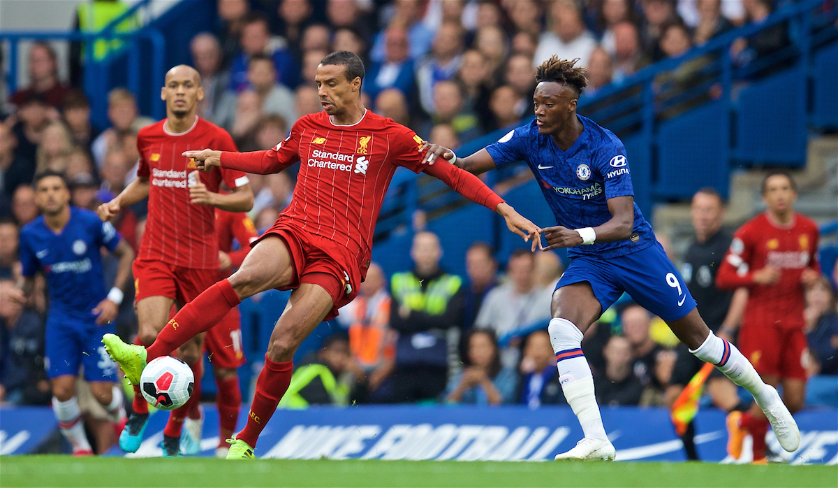 LONDON, ENGLAND - Sunday, September 22, 2019: Liverpool's Joel Matip (L) and Chelsea's Tammy Abraham during the FA Premier League match between Chelsea's  FC and Liverpool FC at Stamford Bridge. (Pic by David Rawcliffe/Propaganda)