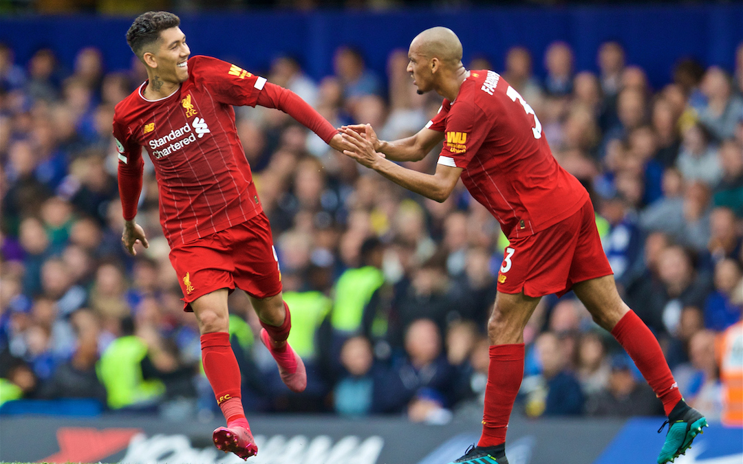 LONDON, ENGLAND - Sunday, September 22, 2019: Liverpool's Roberto Firmino (L) celebrates scoring the second goal with team-mate Fabio Henrique Tavares 'Fabinho' during the FA Premier League match between Chelsea's FC and Liverpool FC at Stamford Bridge. (Pic by David Rawcliffe/Propaganda)