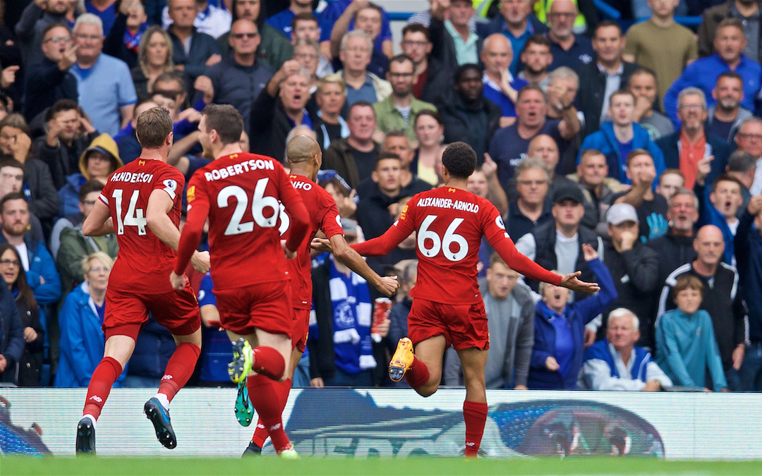 LONDON, ENGLAND - Sunday, September 22, 2019: Liverpool's Trent Alexander-Arnold celebrates scoring the first goal during the FA Premier League match between Chelsea's FC and Liverpool FC at Stamford Bridge. (Pic by David Rawcliffe/Propaganda)