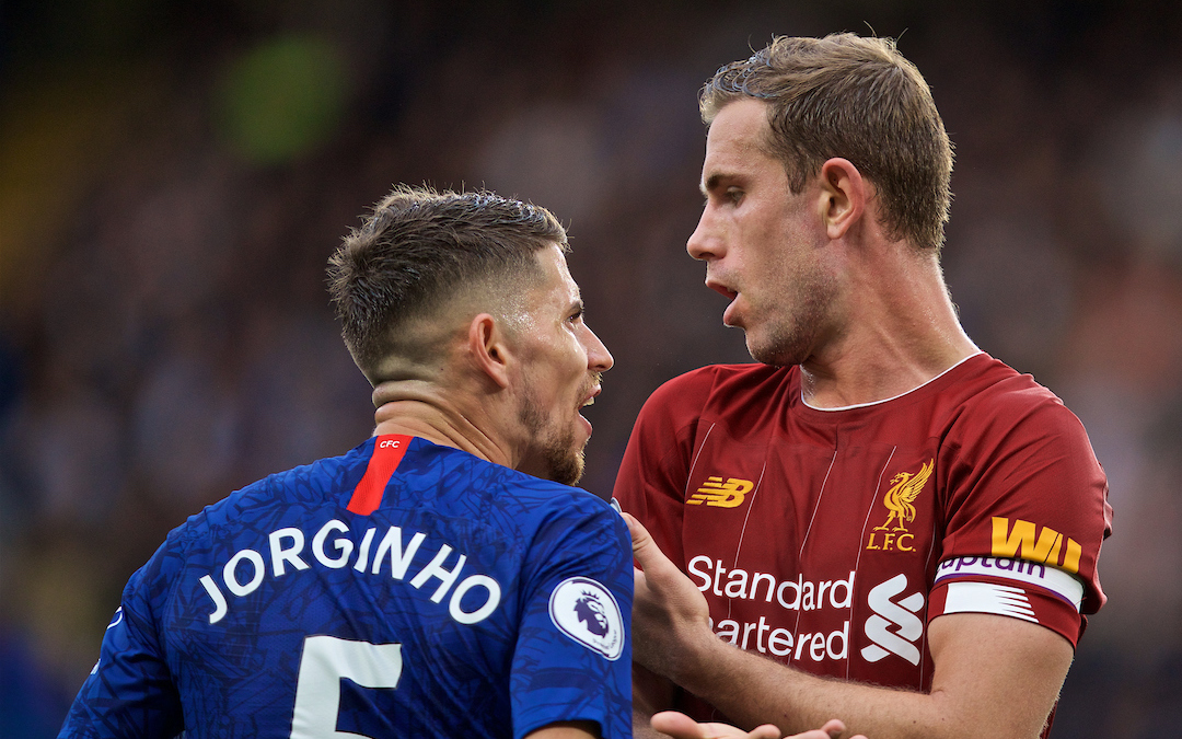 LONDON, ENGLAND - Sunday, September 22, 2019: Liverpool's captain Jordan Henderson (R) and Chelsea's Jorge Luiz Frello Filho 'Jorginho' during the FA Premier League match between Chelsea's  FC and Liverpool FC at Stamford Bridge. (Pic by David Rawcliffe/Propaganda)