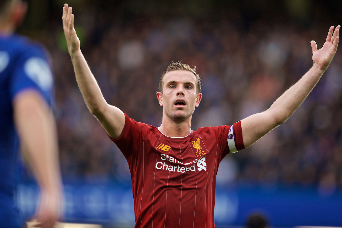 LONDON, ENGLAND - Sunday, September 22, 2019: Liverpool's captain Jordan Henderson during the FA Premier League match between Chelsea's  FC and Liverpool FC at Stamford Bridge. (Pic by David Rawcliffe/Propaganda)