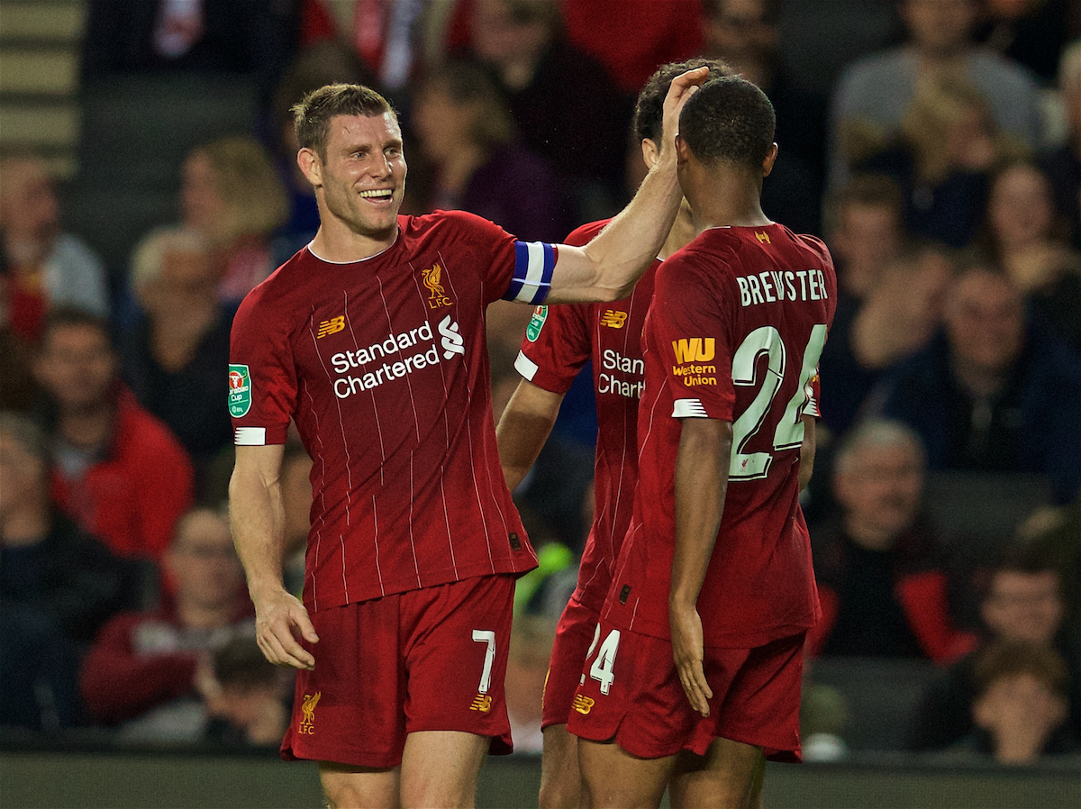 MILTON KEYNES, ENGLAND - Wednesday, September 25, 2019: Liverpool's James Milner celebrates scoring the first goal with team-mates during the Football League Cup 3rd Round match between MK Dons FC and Liverpool FC at Stadium MK. (Pic by David Rawcliffe/Propaganda)