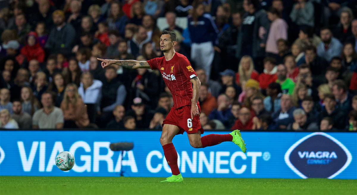 MILTON KEYNES, ENGLAND - Wednesday, September 25, 2019: Liverpool's Dejan Lovren during the Football League Cup 3rd Round match between MK Dons FC and Liverpool FC at Stadium MK. (Pic by David Rawcliffe/Propaganda)