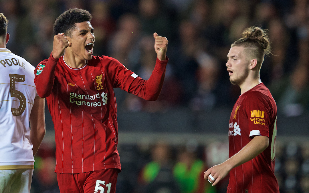 MILTON KEYNES, ENGLAND - Wednesday, September 25, 2019: Liverpool's Ki-Jana Hoever (L) celebrates scoring the second goal during the Football League Cup 3rd Round match between MK Dons FC and Liverpool FC at Stadium MK. (Pic by David Rawcliffe/Propaganda)