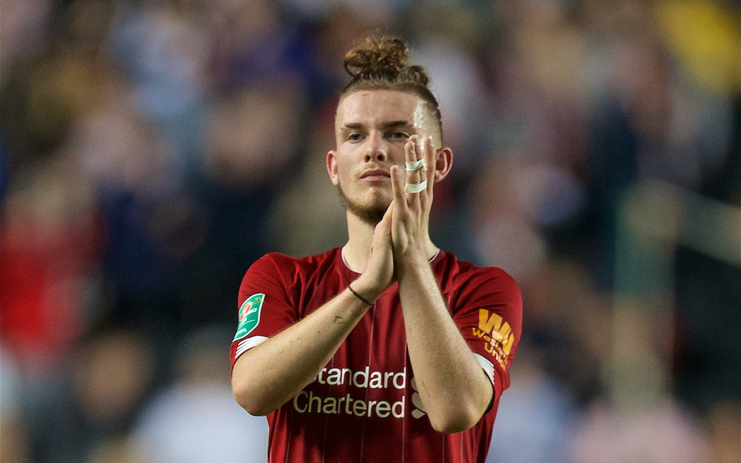 MILTON KEYNES, ENGLAND - Wednesday, September 25, 2019: Liverpool's Harvey Elliott applauds the travelling supporters after the Football League Cup 3rd Round match between MK Dons FC and Liverpool FC at Stadium MK. Liverpool won 2-0. (Pic by David Rawcliffe/Propaganda)