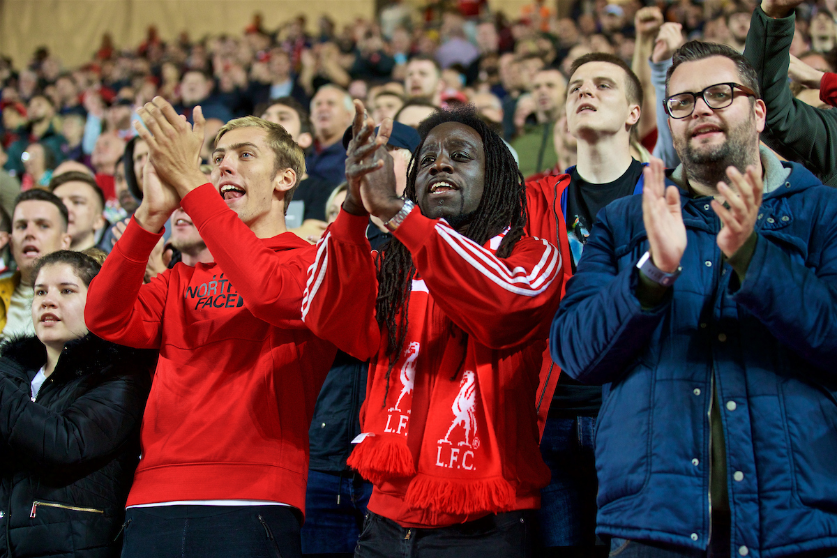 MILTON KEYNES, ENGLAND - Wednesday, September 25, 2019: Liverpool supporters during the Football League Cup 3rd Round match between MK Dons FC and Liverpool FC at Stadium MK. (Pic by David Rawcliffe/Propaganda)