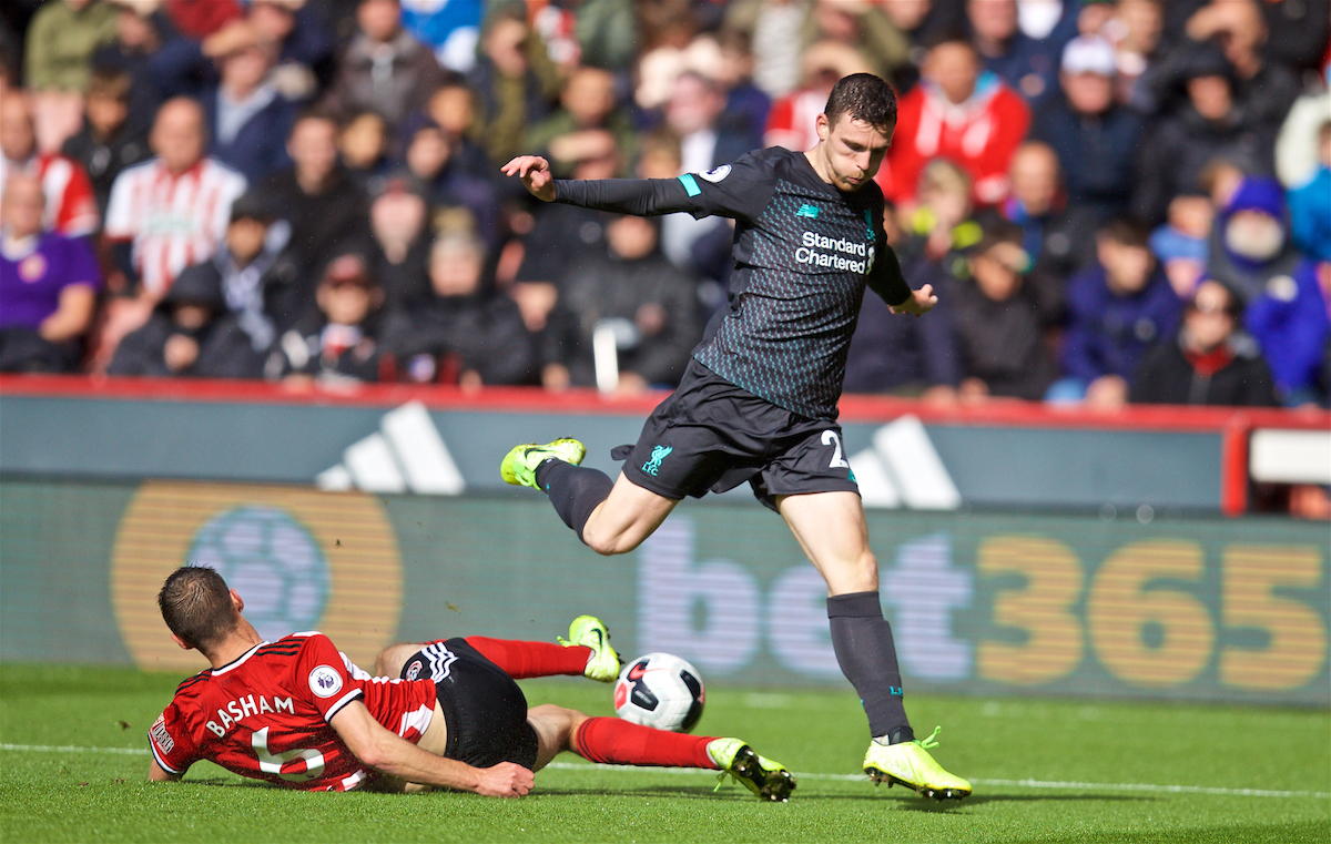 SHEFFIELD, ENGLAND - Thursday, September 26, 2019: Liverpool's Andy Robertson is tackled by Sheffield United's Chris Basham during the FA Premier League match between Sheffield United FC and Liverpool FC at Bramall Lane. (Pic by David Rawcliffe/Propaganda)