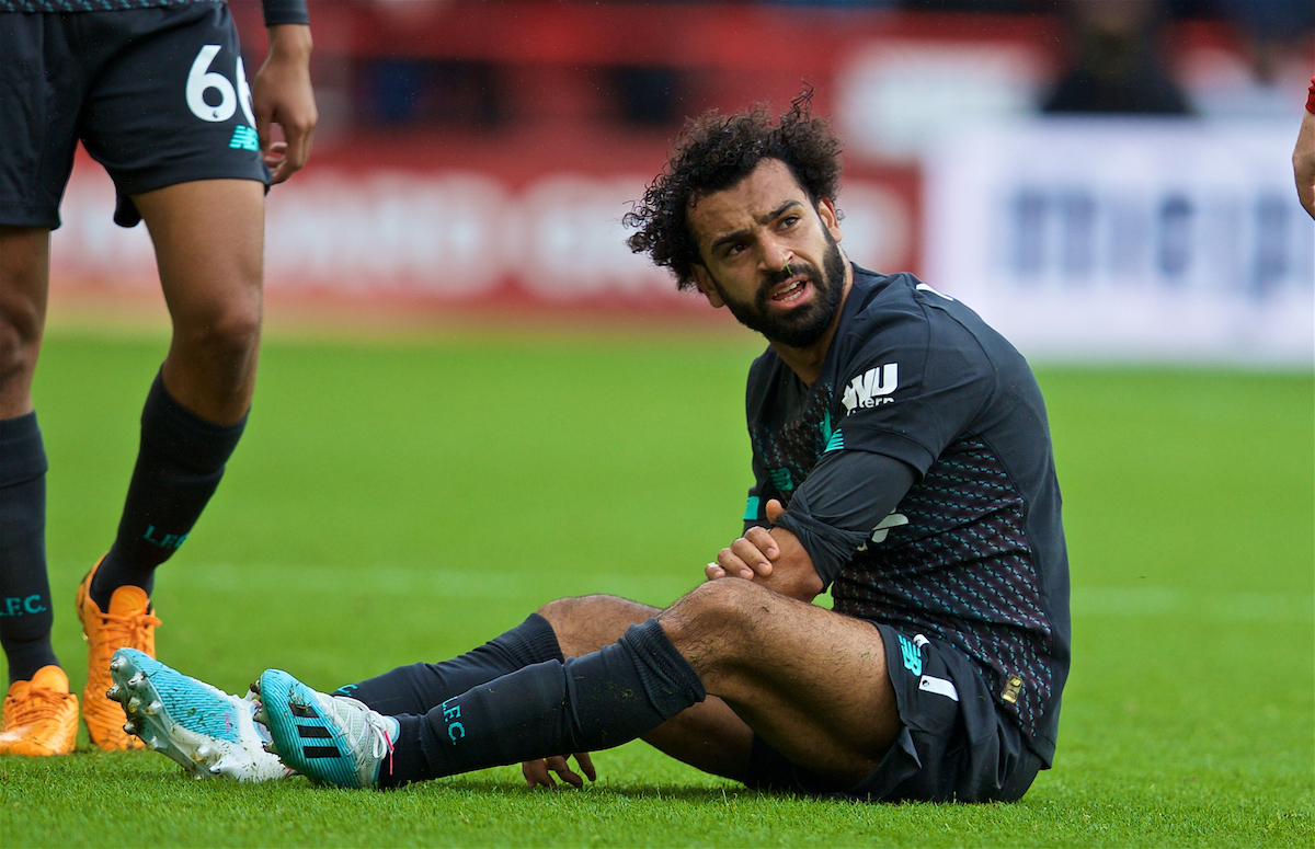 SHEFFIELD, ENGLAND - Thursday, September 26, 2019: Liverpool's Mohamed Salah reacts after being stamped on his left arm by a Sheffield United player during the FA Premier League match between Sheffield United FC and Liverpool FC at Bramall Lane. (Pic by David Rawcliffe/Propaganda)