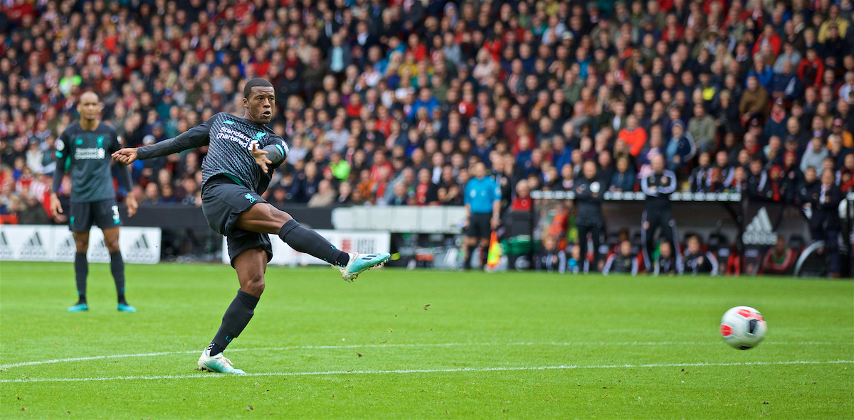 SHEFFIELD, ENGLAND - Thursday, September 26, 2019: Liverpool's Georginio Wijnaldum scores the first goal during the FA Premier League match between Sheffield United FC and Liverpool FC at Bramall Lane. (Pic by David Rawcliffe/Propaganda)