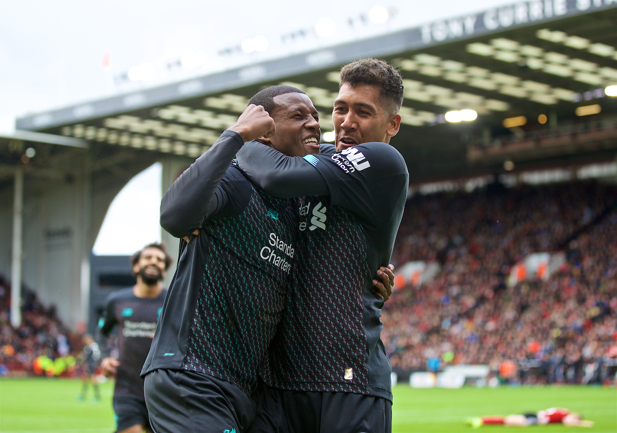 SHEFFIELD, ENGLAND - Thursday, September 26, 2019: Liverpool's Georginio Wijnaldum celebrates scoring the first goal with team-mate Roberto Firmino during the FA Premier League match between Sheffield United FC and Liverpool FC at Bramall Lane. (Pic by David Rawcliffe/Propaganda)