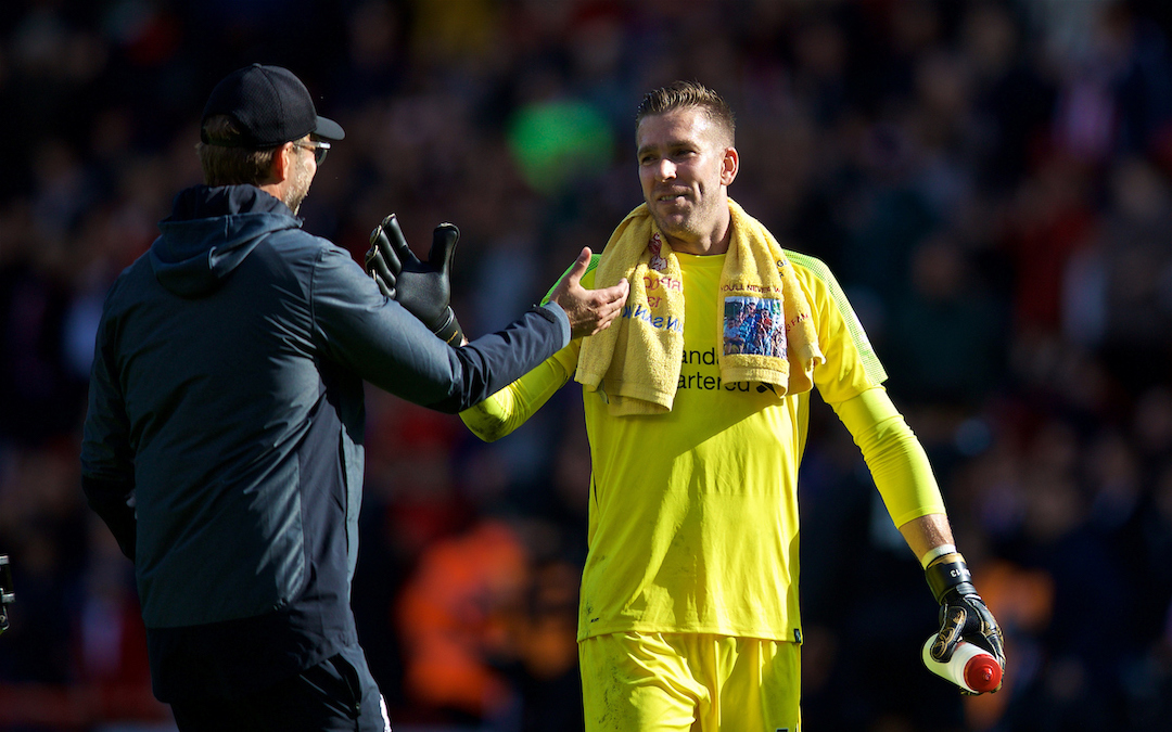 SHEFFIELD, ENGLAND - Thursday, September 26, 2019: Liverpool's goalkeeper Adrián San Miguel del Castillo (R) celebrates with manager Jürgen Klopp after the FA Premier League match between Sheffield United FC and Liverpool FC at Bramall Lane. Liverpool won 1-0. (Pic by David Rawcliffe/Propaganda)