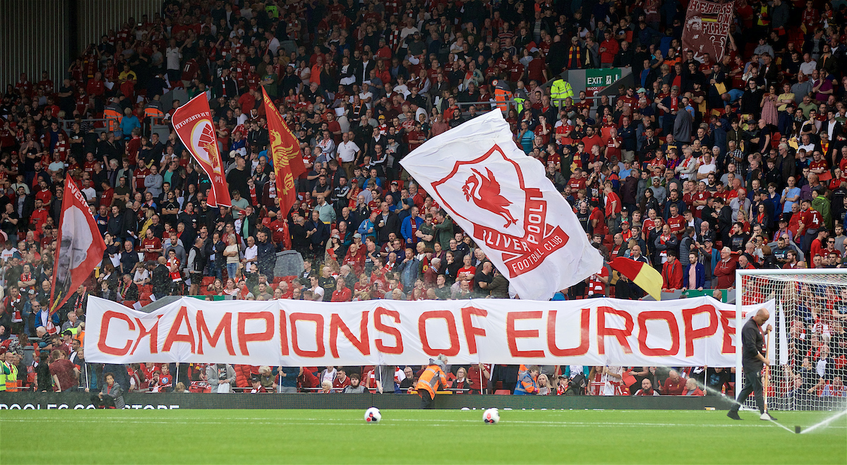 LIVERPOOL, ENGLAND - Friday, August 9, 2019: Liverpool supporters' banner 'Champions of Europe' on the Spion Kop before the opening FA Premier League match of the season between Liverpool FC and Norwich City FC at Anfield. (Pic by David Rawcliffe/Propaganda)