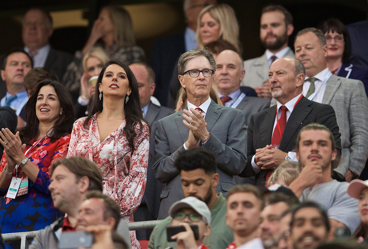 LIVERPOOL, ENGLAND - Friday, August 9, 2019: Liverpool's owner John W. Henry (C) with wife Linda Pizzuti (L) and chief executive officer Peter Moore (R) during the opening FA Premier League match of the season between Liverpool FC and Norwich City FC at Anfield. (Pic by David Rawcliffe/Propaganda)