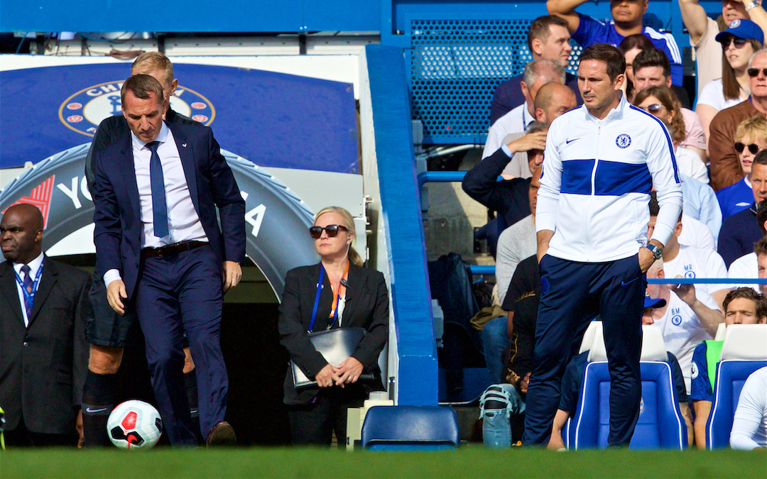 LONDON, ENGLAND - Sunday, August 18, 2019: Leicester City's Brendan Rodgers controls the ball as Chelsea's new manager Frank Lampard looks on during the FA Premier League match between Chelsea's  FC and Leicester City FC at Stamford Bridge. (Pic by David Rawcliffe/Propaganda)