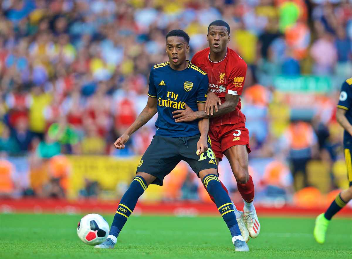 LIVERPOOL, ENGLAND - Saturday, August 24, 2019: Arsenal's Joe Willock (L) Liverpool's Georginio Wijnaldum during the FA Premier League match between Liverpool FC and Arsenal FC at Anfield. (Pic by David Rawcliffe/Propaganda)