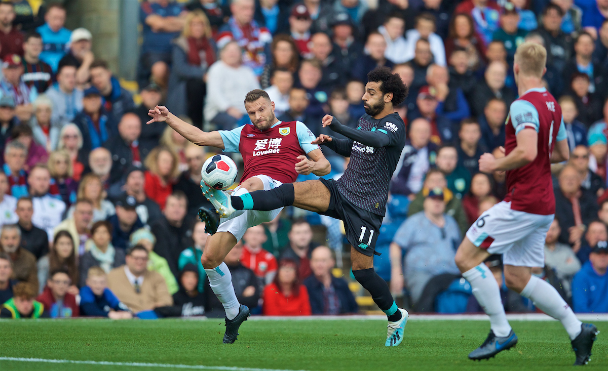 BURNLEY, ENGLAND - Saturday, August 31, 2019: Liverpool's Mohamed Salah (R) and Burnley's Erik Pieters during the FA Premier League match between Burnley FC and Liverpool FC at Turf Moor. (Pic by David Rawcliffe/Propaganda)