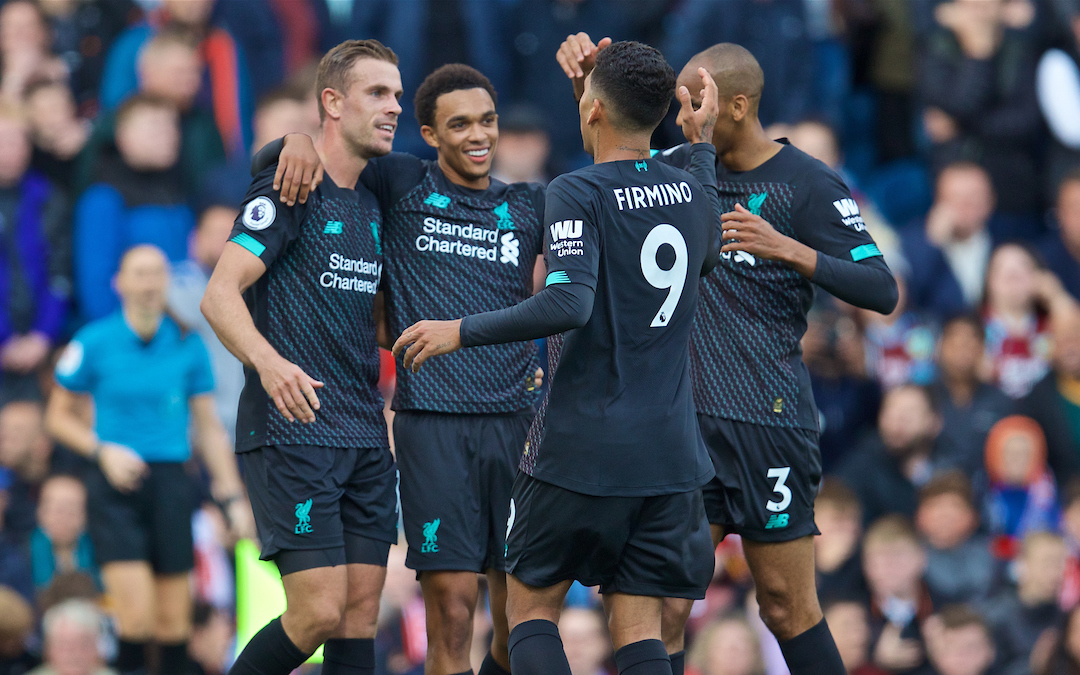 BURNLEY, ENGLAND - Saturday, August 31, 2019: Liverpool's Trent Alexander-Arnold celebrates the first goal with team-mates captain Jordan Henderson, Fabio Henrique Tavares 'Fabinho' and Roberto Firmino during the FA Premier League match between Burnley FC and Liverpool FC at Turf Moor. (Pic by David Rawcliffe/Propaganda)