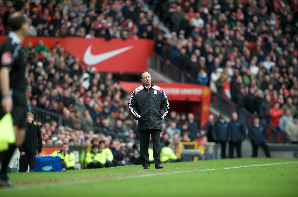 MANCHESTER, ENGLAND - Sunday, March 23, 2008: Liverpool's manager Rafael Benitez looks dejected as his side is defeated 3-0 by Manchester United during the Premiership match at Old Trafford. (Photo by David Rawcliffe/Propaganda)