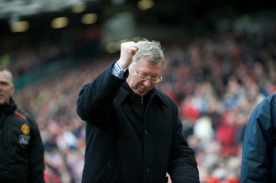 Manchester United's manager Alex Ferguson celebrates his side's 3-0 victory over Liverpool in the Premiership match at Old Trafford