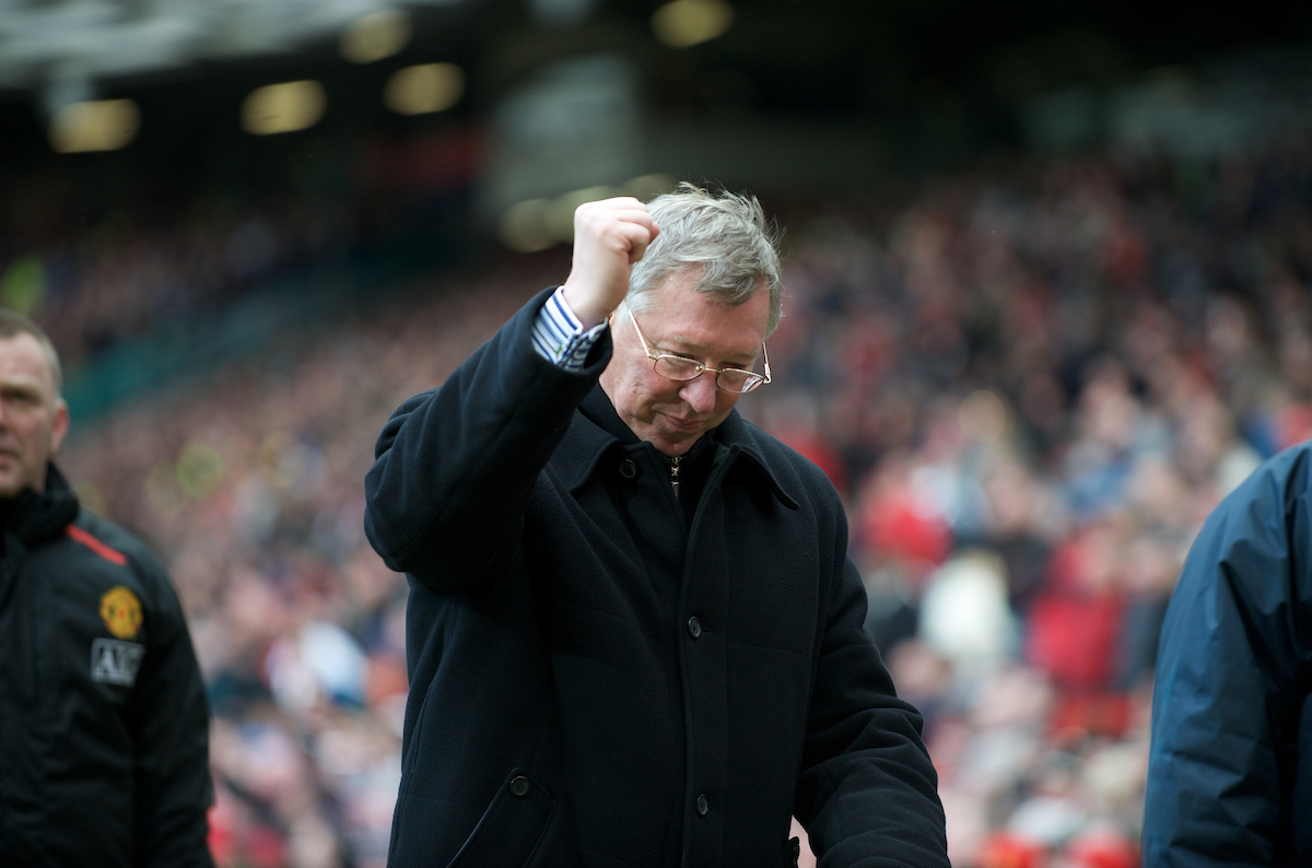 MANCHESTER, ENGLAND - Sunday, March 23, 2008: Manchester United's manager Alex Ferguson celebrates his side's 3-0 victory over Liverpool in the Premiership match at Old Trafford. (Photo by David Rawcliffe/Propaganda)