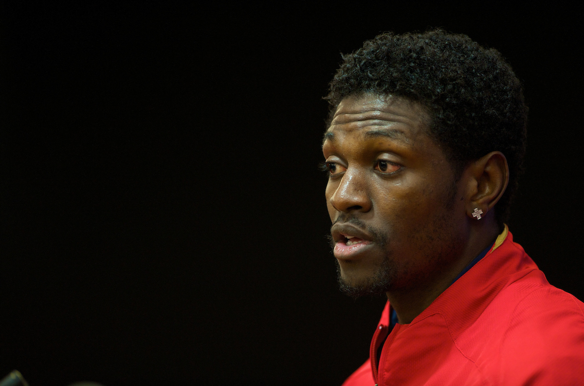 LIVERPOOL, ENGLAND - Monday, April 7,2008: Arsenal's Emmanuel Adebayor during a press conference at Anfield ahead of the UEFA Champions League Quarter-Final 2nd Leg against Liverpool. (Pic by David Rawcliffe/Propaganda)