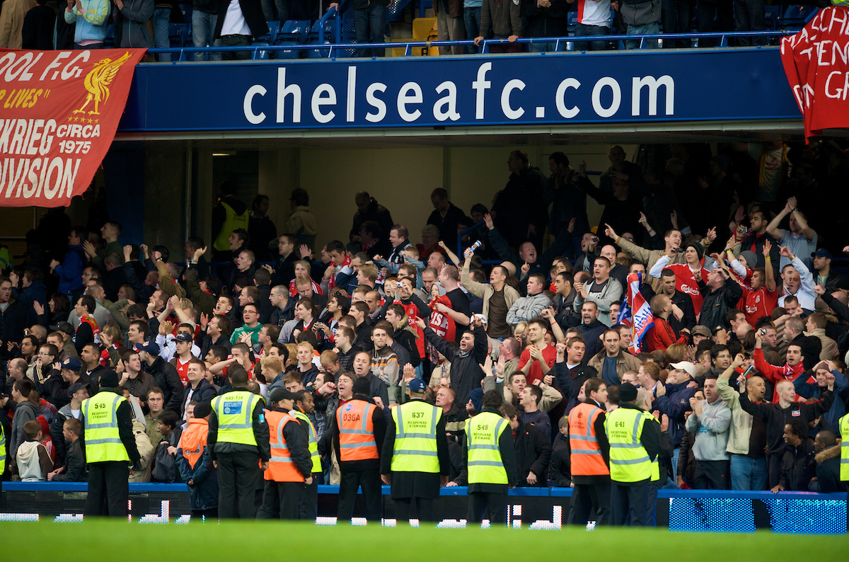 LONDON, ENGLAND - Sunday, October 26, 2008: Liverpool supporters celebrate their side's 1-0 victory over Chelsea during the Premiership match at Stamford Bridge. (Photo by David Rawcliffe/Propaganda)