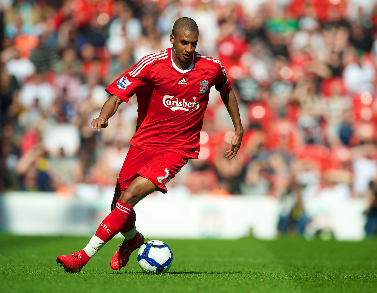 LIVERPOOL, ENGLAND - Sunday, April 11, 2010: Liverpool's David Ngog in action against Fulham during the Premiership match at Anfield. (Photo by: David Rawcliffe/Propaganda)