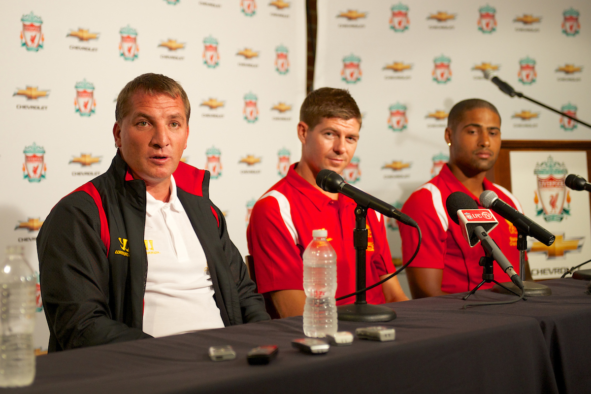 BOSTON, MA - Tuesday, July 24, 2012: Liverpool's manager Brendan Rodgers, captain Steven Gerrard and Glen Johnson during a press conference at Fenway Park, home of the Boston Red Sox, to announce a four-year sponsorship deal with car marker Chevrolet, ahead of their second preseason match of the North American tour, against AS Roma. (Pic by David Rawcliffe/Propaganda)