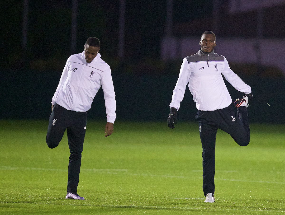 LIVERPOOL, ENGLAND - Wednesday, November 25, 2015: Liverpool's Divock Origi and Christian Benteke during a training session at Melwood Training Ground ahead of the UEFA Europa League Group Stage Group B match against FC Girondins de Bordeaux. (Pic by David Rawcliffe/Propaganda)
