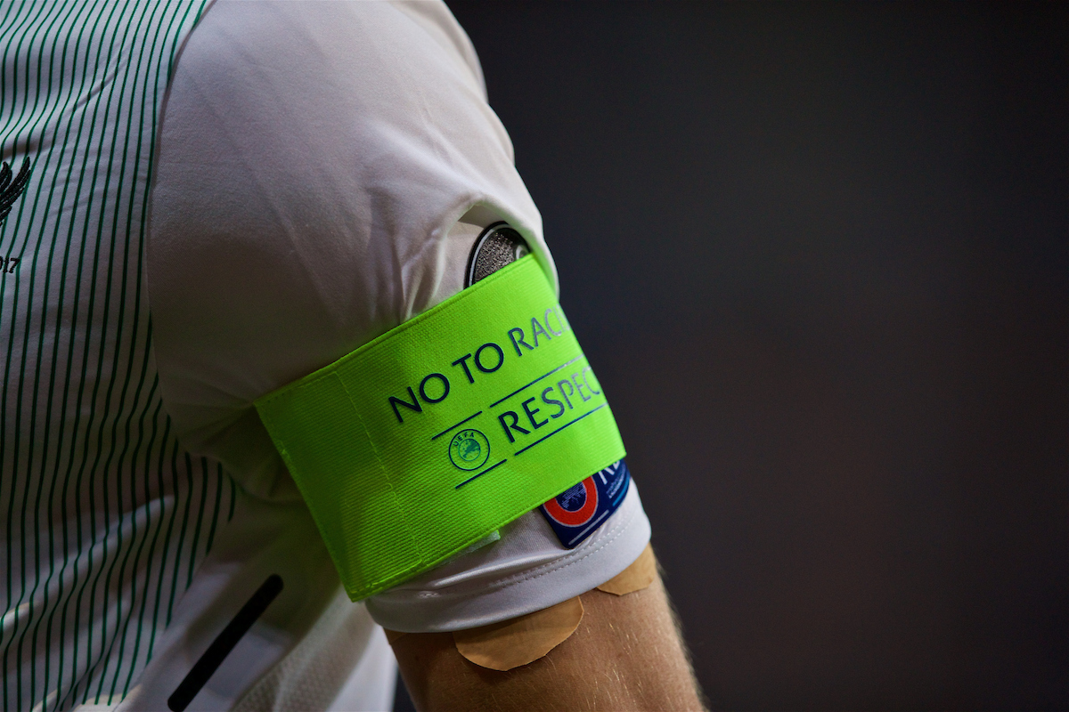 SINSHEIM, GERMANY - Tuesday, August 15, 2017: The captain's armband of Liverpool's James Milner with "No to racism" and "respect" during the UEFA Champions League Play-Off 1st Leg match between TSG 1899 Hoffenheim and Liverpool at the Rhein-Neckar-Arena. (Pic by David Rawcliffe/Propaganda)