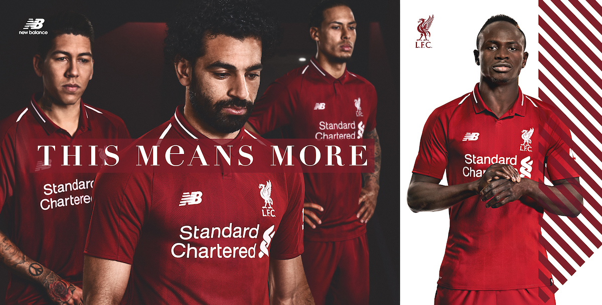 LIVERPOOL, ENGLAND - Thursday, April 19, 2018: A hand-out image from Liverpool Football Club of their new 2018-19 season kit designed by New Balance with a tipped two-button polo collar featuring top scorer Mohamed Salah (2nd left), Roberto Firmino (left), Virgil van Dijk (2nd right) and Sadio Mane (right). (Pic by Pool/Liverpool Football Club via Propaganda)
