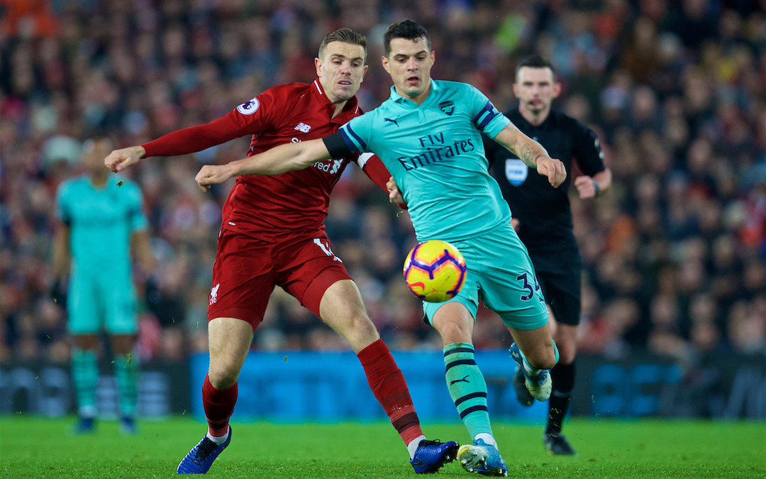 LIVERPOOL, ENGLAND - Saturday, December 29, 2018: Liverpool's captain Jordan Henderson and Arsenal's Granit Xhaka during the FA Premier League match between Liverpool FC and Arsenal FC at Anfield. (Pic by David Rawcliffe/Propaganda)