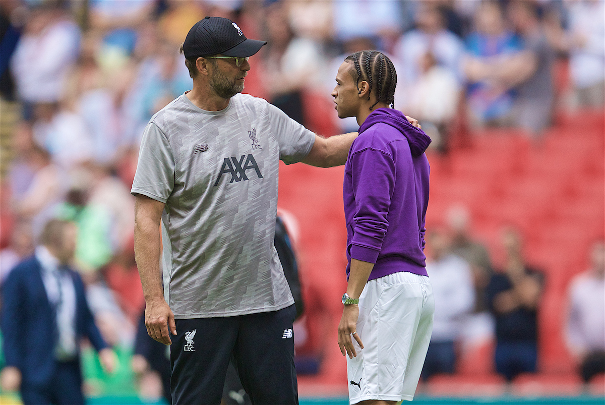 LONDON, ENGLAND - Sunday, August 4, 2019: Liverpool's manager Jürgen Klopp with Manchester City's Leroy Sane after the penalty shoot out to decide the FA Community Shield match between Manchester City FC and Liverpool FC at Wembley Stadium. Manchester City won 5-4 on penalties after a 1-1 draw. (Pic by David Rawcliffe/Propaganda)