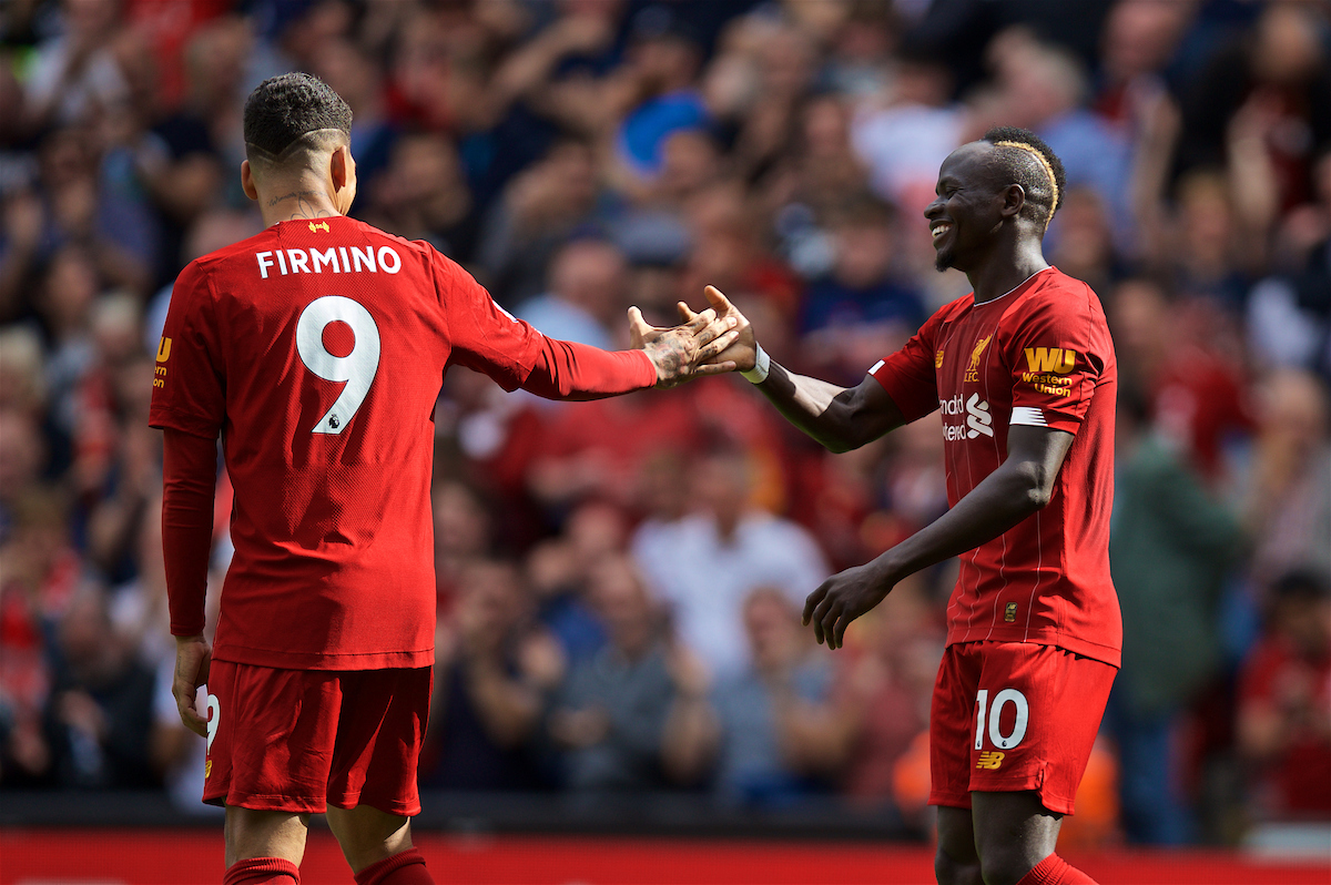 LIVERPOOL, ENGLAND - Saturday, September 14, 2019: Liverpool's Sadio Mane (R) celebrates scoring the second goal with team-mate Roberto Firmino (L) during the FA Premier League match between Liverpool FC and Newcastle United FC at Anfield. (Pic by David Rawcliffe/Propaganda)