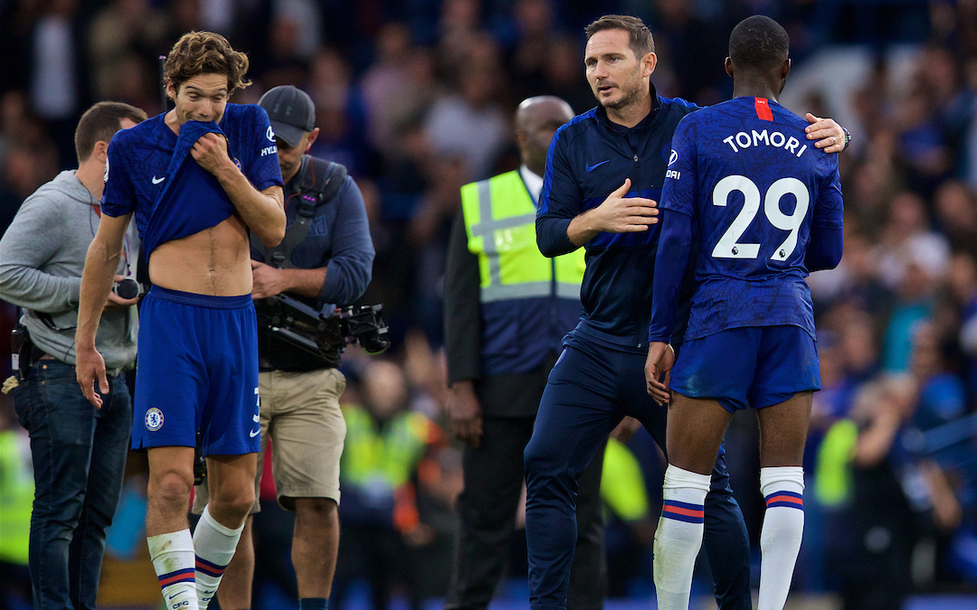 LONDON, ENGLAND - Sunday, September 22, 2019: Chelsea's manager Frank Lampard embraces Fikayo Tomori after the FA Premier League match between Chelsea FC and Liverpool FC at Stamford Bridge. Liverpool won 2-1. (Pic by David Rawcliffe/Propaganda)