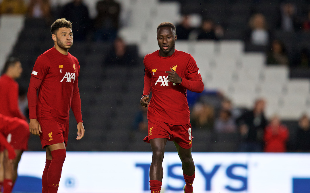 MILTON KEYNES, ENGLAND - Wednesday, September 25, 2019: Liverpool's Naby Keita (R) and Alex Oxlade-Chamberlain (L) during the pre-match warm-up before the Football League Cup 3rd Round match between MK Dons FC and Liverpool FC at Stadium MK. (Pic by David Rawcliffe/Propaganda)