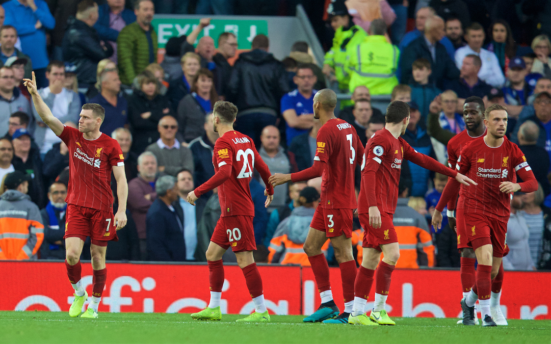 LIVERPOOL, ENGLAND - Saturday, October 5, 2019: Liverpool's James Milner celebrates after scoring the winning second goal, an injury time penalty, during the FA Premier League match between Liverpool FC and Leicester City FC at Anfield. Liverpool won 2-1. (Pic by David Rawcliffe/Propaganda)