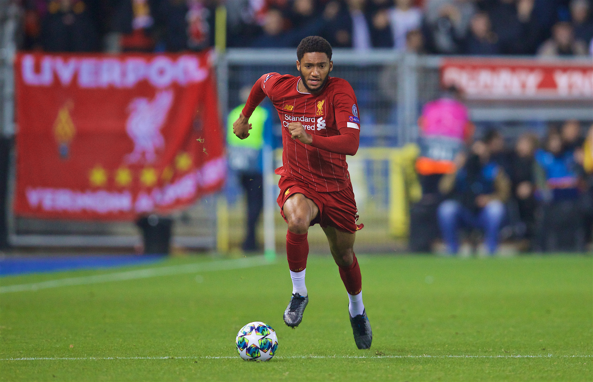 GENK, BELGIUM - Wednesday, October 23, 2019: Liverpool's substitute Joe Gomez during the UEFA Champions League Group E match between KRC Genk and Liverpool FC at the KRC Genk Arena. (Pic by David Rawcliffe/Propaganda)