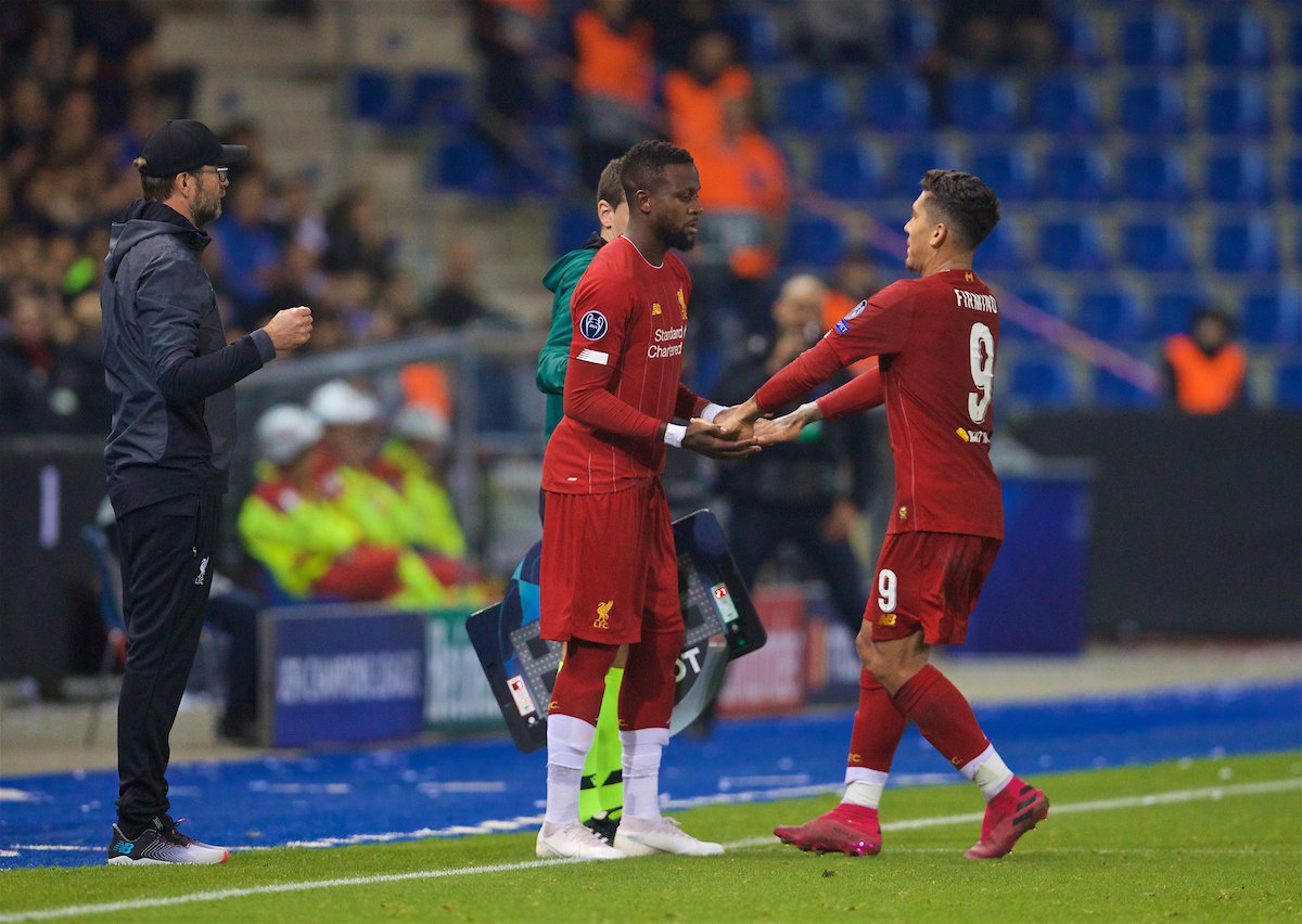 GENK, BELGIUM - Wednesday, October 23, 2019: Liverpool's substitute Divock Origi replaces Roberto Firmino during the UEFA Champions League Group E match between KRC Genk and Liverpool FC at the KRC Genk Arena. (Pic by David Rawcliffe/Propaganda)