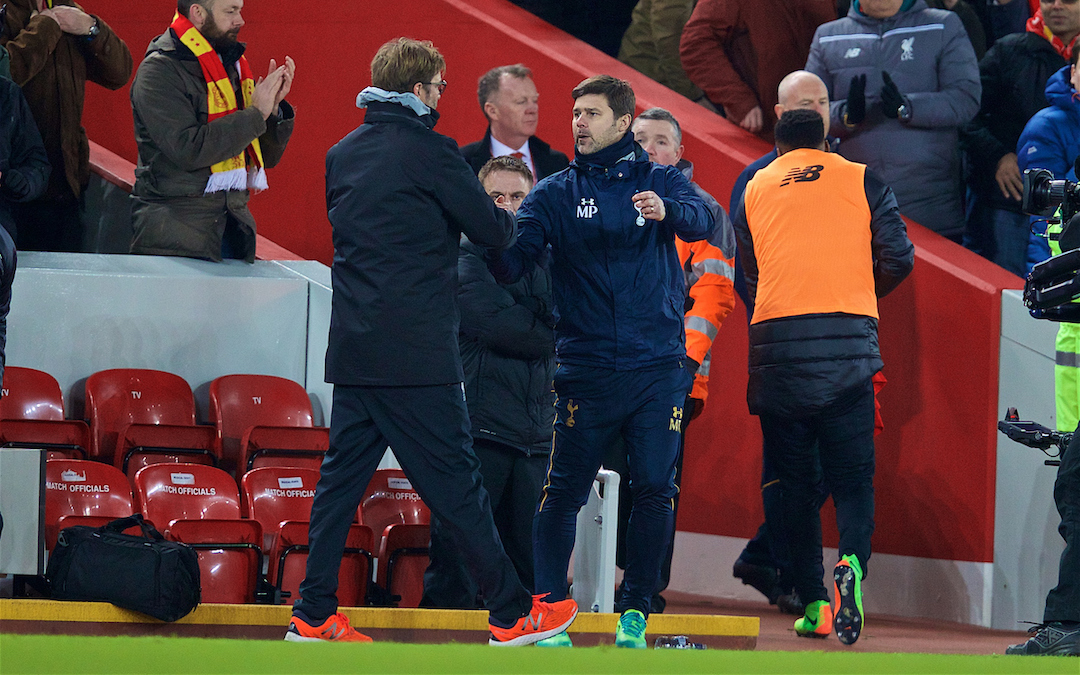 LIVERPOOL, ENGLAND - Saturday, February 11, 2017: Liverpool's manager Jürgen Klopp and Tottenham Hotspur's manager Mauricio Pochettino after the FA Premier League match at Anfield. (Pic by David Rawcliffe/Propaganda)