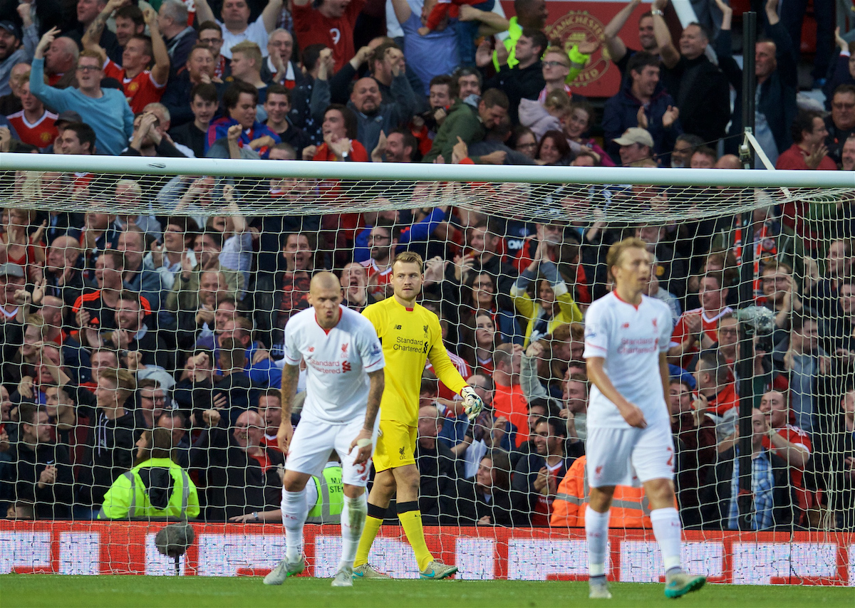 MANCHESTER, ENGLAND - Saturday, September 12, 2015: Liverpool's goalkeeper Simon Mignolet looks dejected as Manchester United score the third goal during the Premier League match at Old Trafford. (Pic by David Rawcliffe/Propaganda)