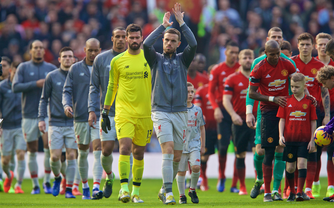 MANCHESTER, ENGLAND - Sunday, February 24, 2019: Liverpool's captain Jordan Henderson leads his team out before the FA Premier League match between Manchester United FC and Liverpool FC at Old Trafford. (Pic by David Rawcliffe/Propaganda)